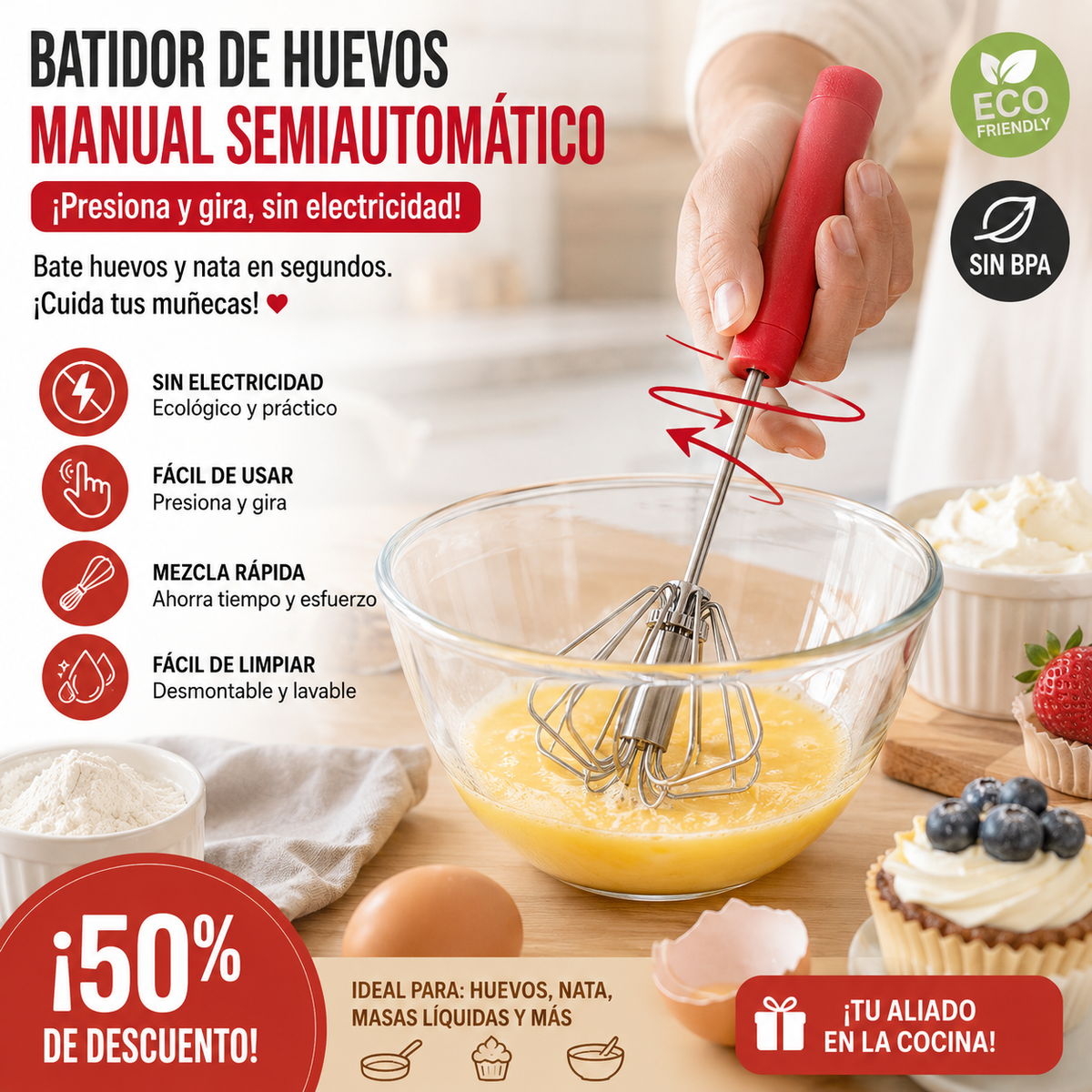 🥳Compra 1 y llévate 1 gratis💪 ¡50% de descuento! Batidor de huevos manual semiautomático: presiona y gira, sin electricidad. Bate huevos y nata en segundos. ¡Cuida tus muñecas! ✨🧁