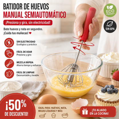 🥳Compra 1 y llévate 1 gratis💪 ¡50% de descuento! Batidor de huevos manual semiautomático: presiona y gira, sin electricidad. Bate huevos y nata en segundos. ¡Cuida tus muñecas! ✨🧁