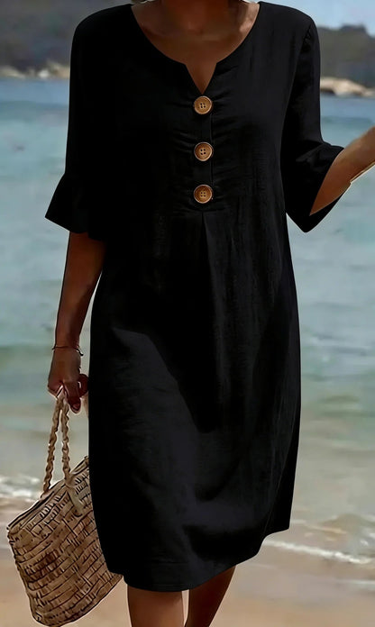 【S-3XL】Vestido de mujer de algodón y lino con mangas abullonadas y botones-E