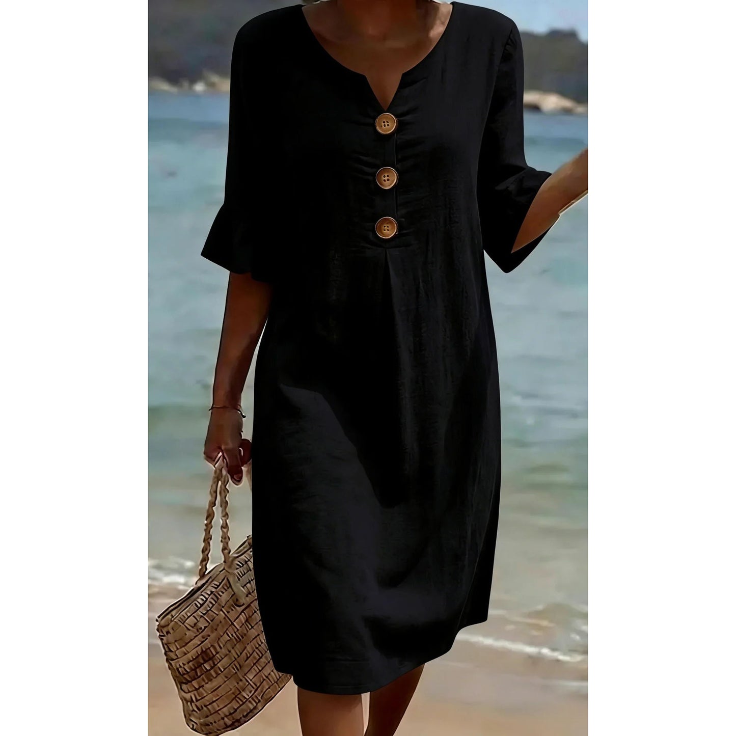 【S-3XL】Vestido de mujer de algodón y lino con mangas abullonadas y botones-E