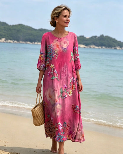 【S-5XL】Nuevo vestido estampado de cuello redondo holgado 2026, corte favorecedor que estiliza la figura