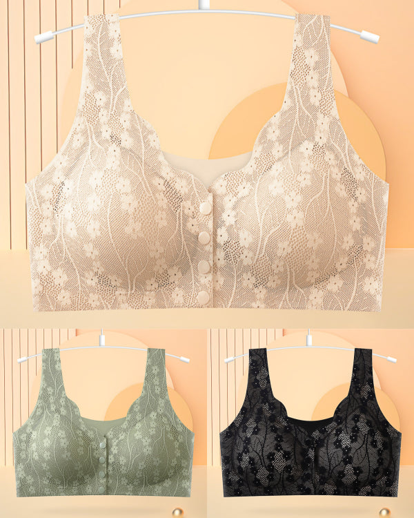😍✨【3 sztuk】【40-100KG】Damski, bezprzewodowy, koronkowy biustonosz zapinany z przodu