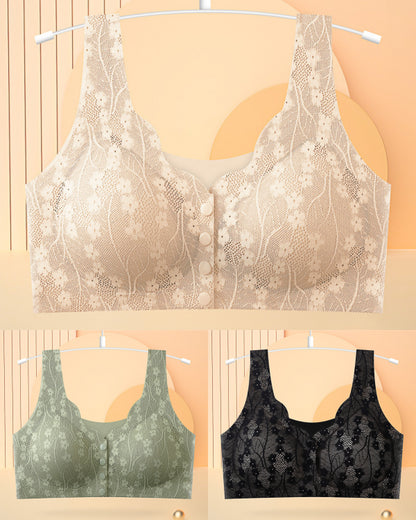 😍✨【3 sztuk】【40-100KG】Damski, bezprzewodowy, koronkowy biustonosz zapinany z przodu