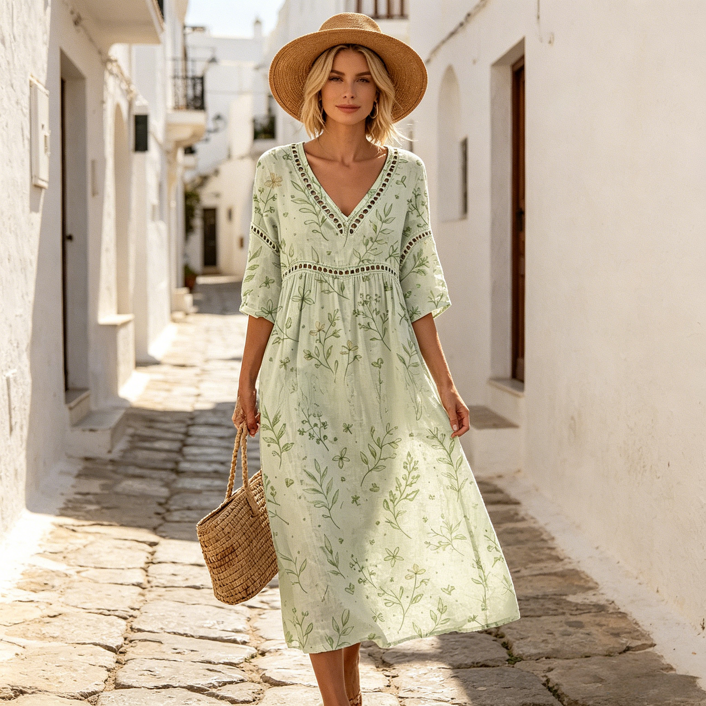 👗【S-3XL】Ljetna pamučeno-lnena cvjetna haljina duge duljine s V izrezom