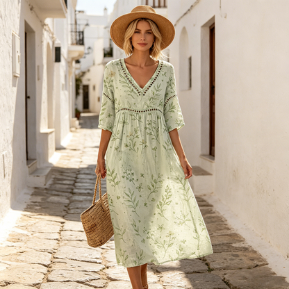 👗【S-3XL】Ljetna pamučeno-lnena cvjetna haljina duge duljine s V izrezom