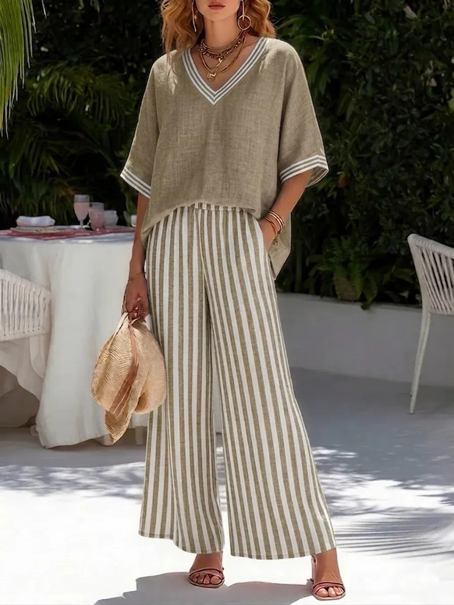 💐【S-4XL】Conjunto clásico a rayas de algodón y lino (top + pantalones)