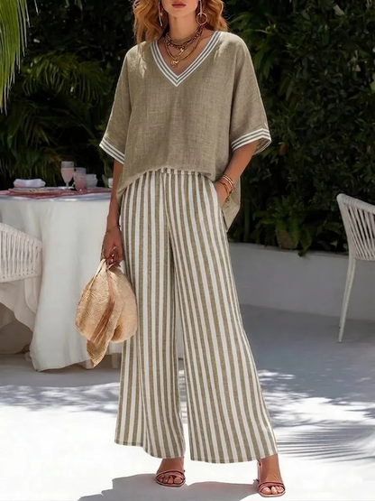 💐【S-4XL】Conjunto clásico a rayas de algodón y lino (top + pantalones)