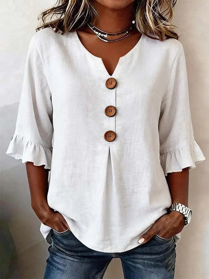 🔥【S-3XL】 Nueva camisa de mujer con cuello en V y volantes, mezcla de algodón y lino, cierre de botones: simple y elegante.