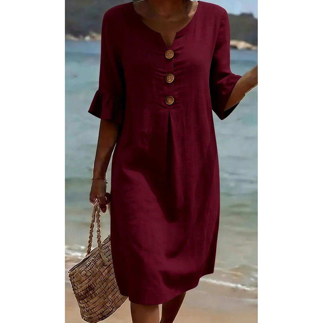 【S-3XL】Vestido de mujer de algodón y lino con mangas abullonadas y botones-E