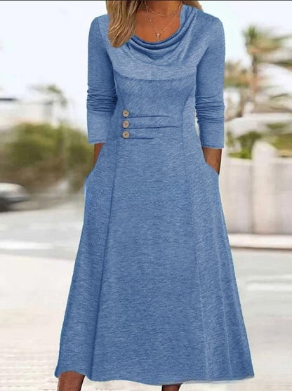 【S-3XL】👗 2024 нова едноцветна рокля с джоб с кръгло деколте