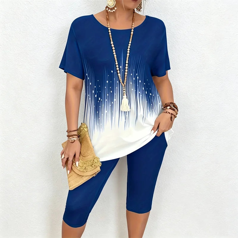 🎁【Camiseta + pantalones】Conjunto informal de dos piezas para mujer con estampado de mármol, confeccionado en tejido suave, transpirable y elástico.✅️Pago contra entrega