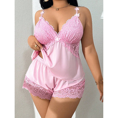 👗Compra 1 y obtén 1 gratis🌸 conjunto de pijama con camiseta sin mangas y pantalones cortos de encaje, tirantes ajustables y escote en V 🛏️✨