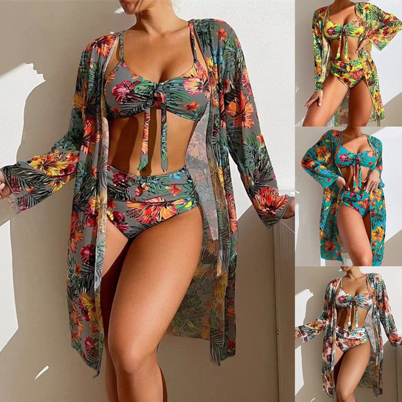 👙☀️【Pago contra entrega】💥【40-90 kg】Nuevo y elegante conjunto de traje de baño, incluye una chaqueta ligera con protección solar. (Conjunto de 3 piezas)