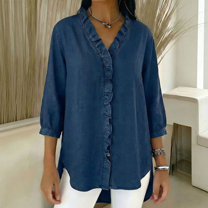 【S-3XL】Dámská ležérní džínová košile s výstřihem do V a volánky