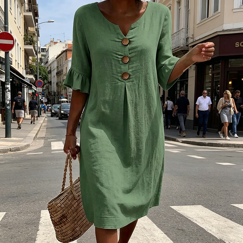 【S-3XL】Vestido de mujer de algodón y lino con mangas abullonadas y botones-E