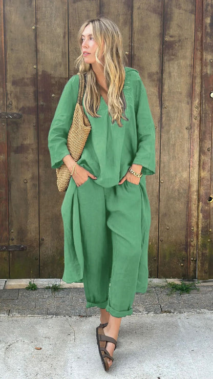 ✨✨【Top + Pantalones】Conjunto de camisa de algodón y lino de talla grande con pantalón holgado para mujer. ✅️Pago contra entrega