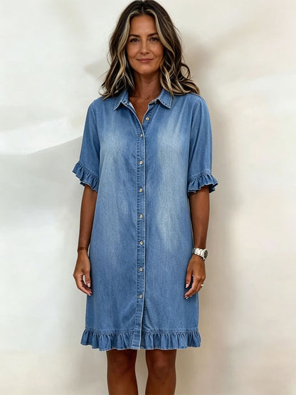 【50% OFF】Vestido camisero vaquero de corte holgado con volantes