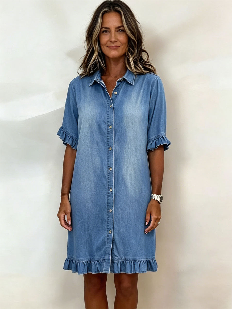 【50% OFF】Vestido camisero vaquero de corte holgado con volantes