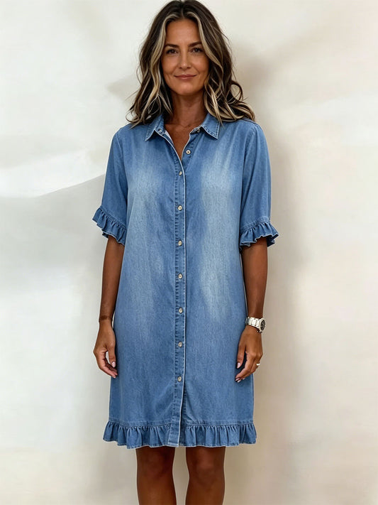 【50% OFF】Vestido camisero vaquero de corte holgado con volantes