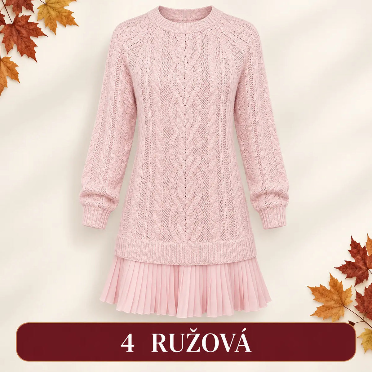 Elegantné pletené šaty s plisovaným lemom — pohodlný štýl na chladnejšie dni, dostupné vo veľkostiach S–3XL.