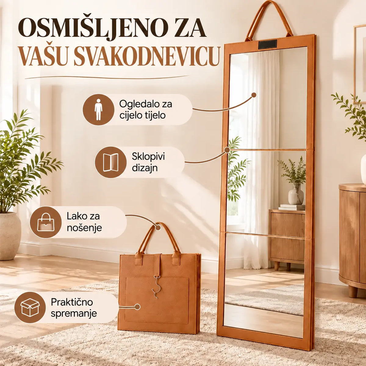 👗👜 Sklopivo, prijenosno putno ogledalo pune visine, opremljeno ručkom za nošenje i zaštitnom futrolom od filca otpornom na udarce – dizajnirano poput mape ✨