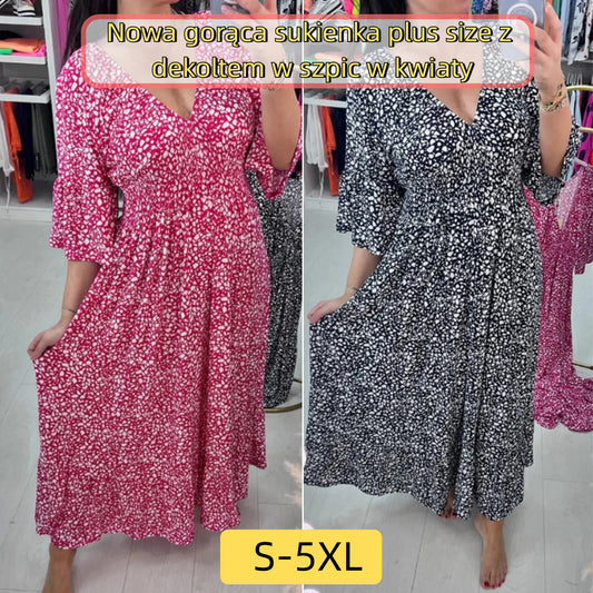 ❤️【S-5XL】Nowa gorąca sukienka plus size z dekoltem w szpic w kwiaty
