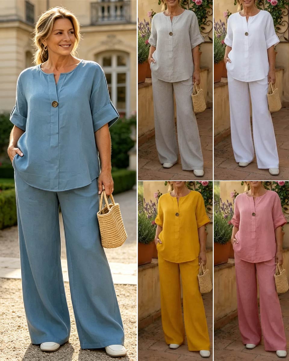 🔥【Oferta por tiempo limitado】👚【Tallas S-3XL: Top + Pantalones de pierna ancha】Elegante conjunto de lino y algodón, ideal para cualquier ocasión — ✅Pago contra reembolso