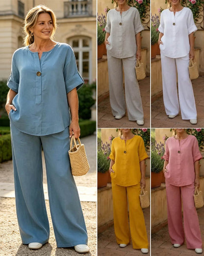 🔥【Oferta por tiempo limitado】👚【Tallas S-3XL: Top + Pantalones de pierna ancha】Elegante conjunto de lino y algodón, ideal para cualquier ocasión — ✅Pago contra reembolso