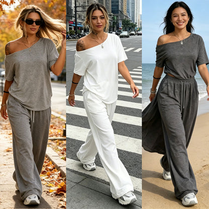 【S-5XL】Conjunto 2026: Camiseta elegante de manga corta con hombros descubiertos + Pantalones holgados con cordón y zapatos anchos 😍 ¡Imprescindible para el verano!