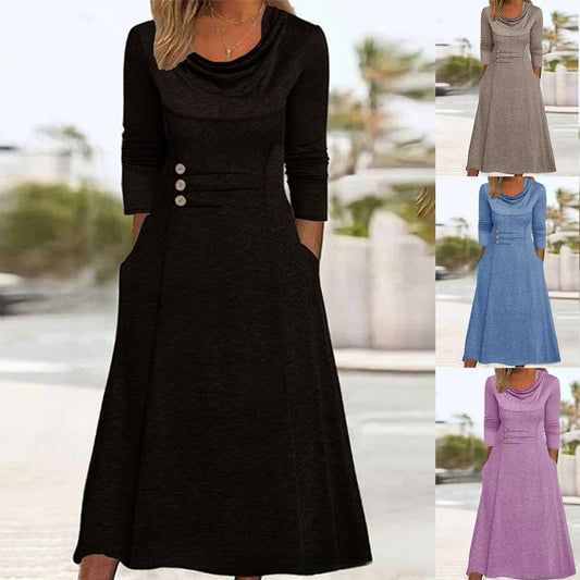 👗【S-3XL】2024 nowa jesienna sukienka z kieszeniami w jednolitym kolorze-3895564