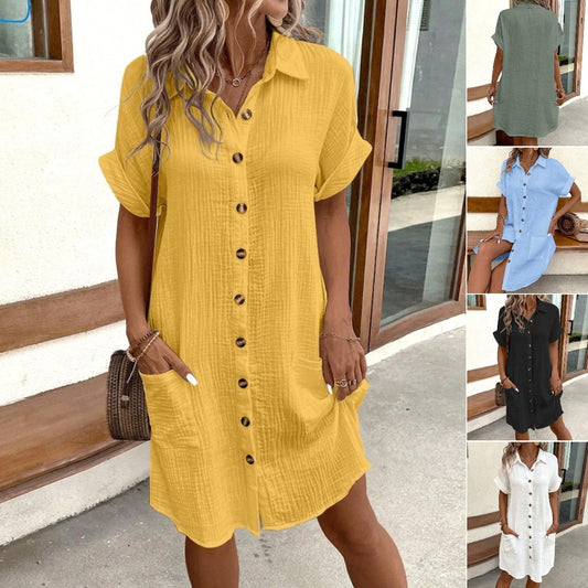 🔥✨【S-2XL】Рокля тип риза с къс ръкав от памук и лен, лека и дишаща, стилна и ежедневна