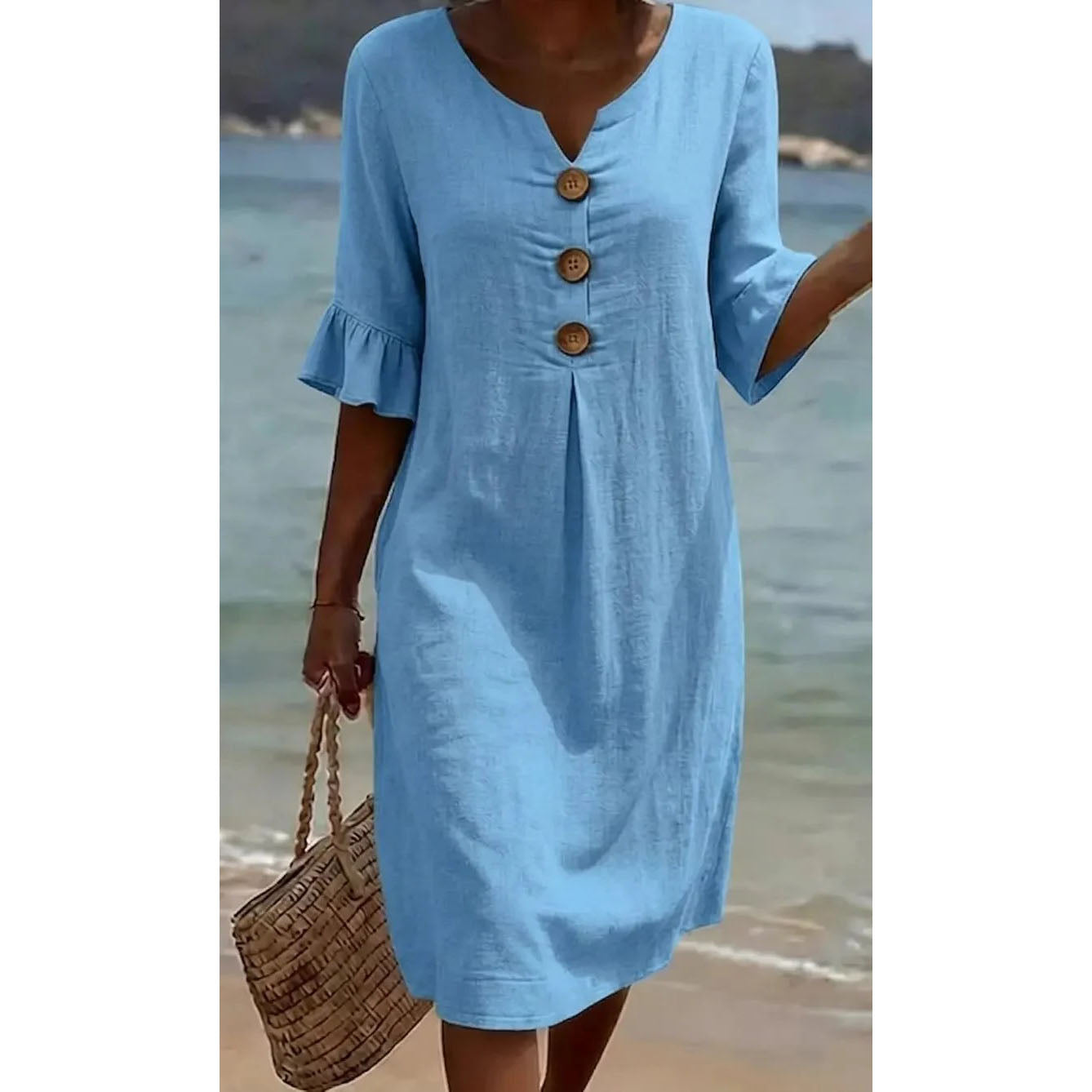 【S-3XL】Vestido de mujer de algodón y lino con mangas abullonadas y botones-E