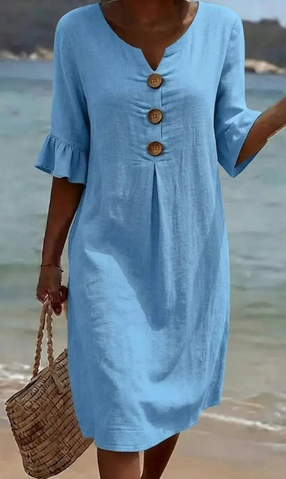 【S-3XL】Vestido de mujer de algodón y lino con mangas abullonadas y botones-E