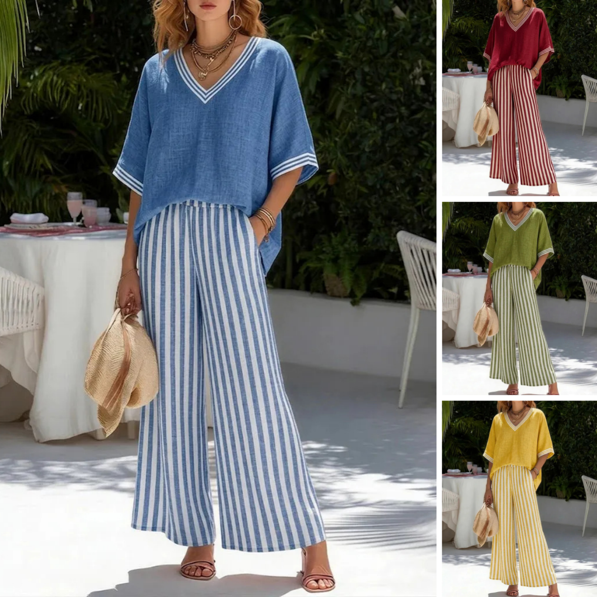 💐【S-4XL】Conjunto clásico a rayas de algodón y lino (top + pantalones)