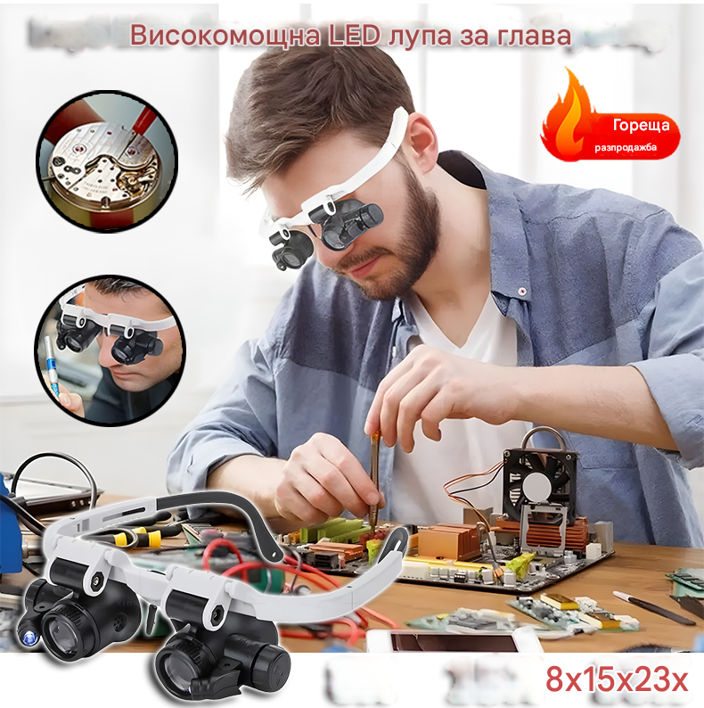 😎🔍Лупа с голямо увеличение за монтиране на главата и LED осветление