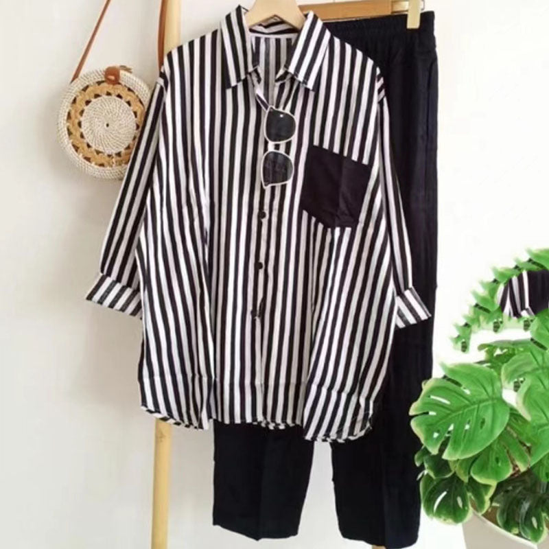 ✨🌸【S-5XL】Нов пролетен комплект от две части на райета, топ с дълъг ръкав и панталон.