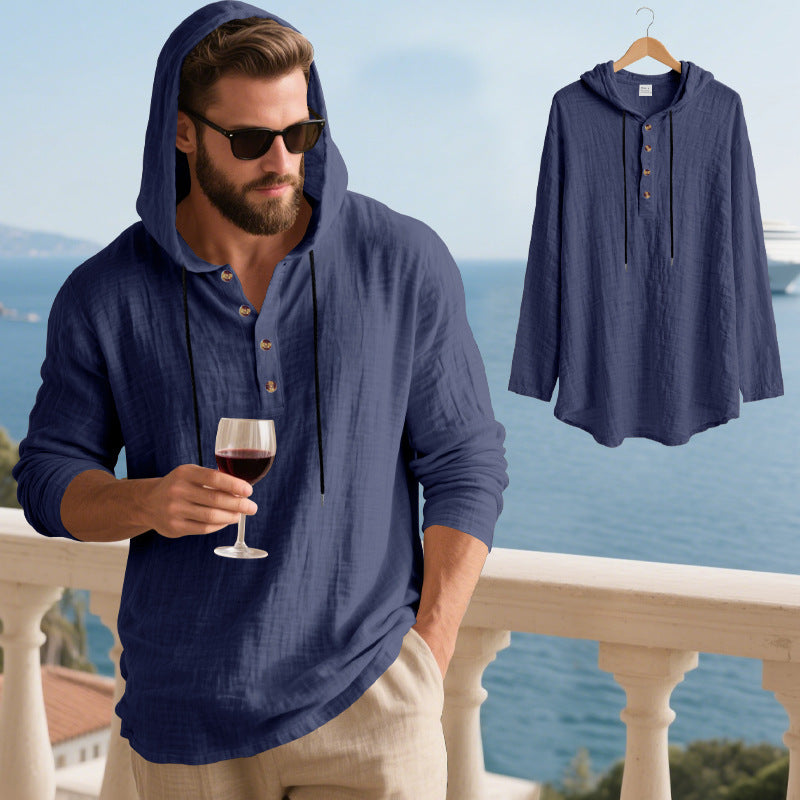 👔50% de descuento🏆【40-100kg】Camisa Henley de manga larga con capucha, transpirable y de lino para hombre, de corte holgado, ideal para la playa.✅Pago contra entrega