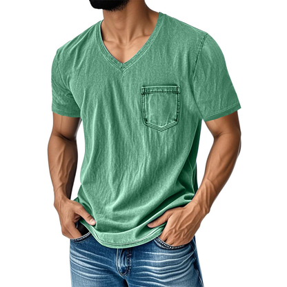 👔 50% de descuento🔥【40-120 kg】Camiseta vaquera informal y holgada con cuello en V y mangas cortas para hombre ✅️Pago contra entrega