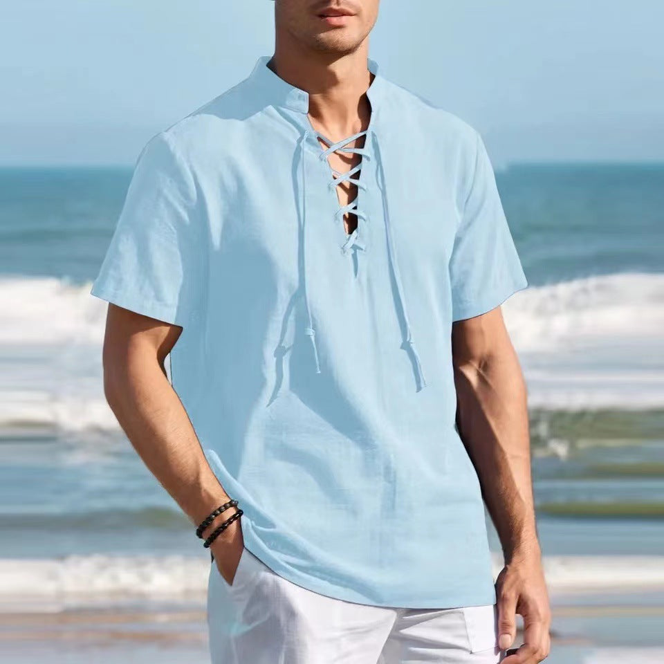👔 50% de descuento 🔥 Camisa Henley de algodón y lino para hombre, talla grande, con cuello en V y lazos ✅️ Pago contra entrega