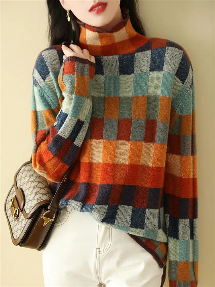 🔥🌷【Oferta specjalna na Nowy Rok✨】Nowy damski sweter w kratkę na jesień/zimę z ciepłym dzianinowym blokiem kolorów
