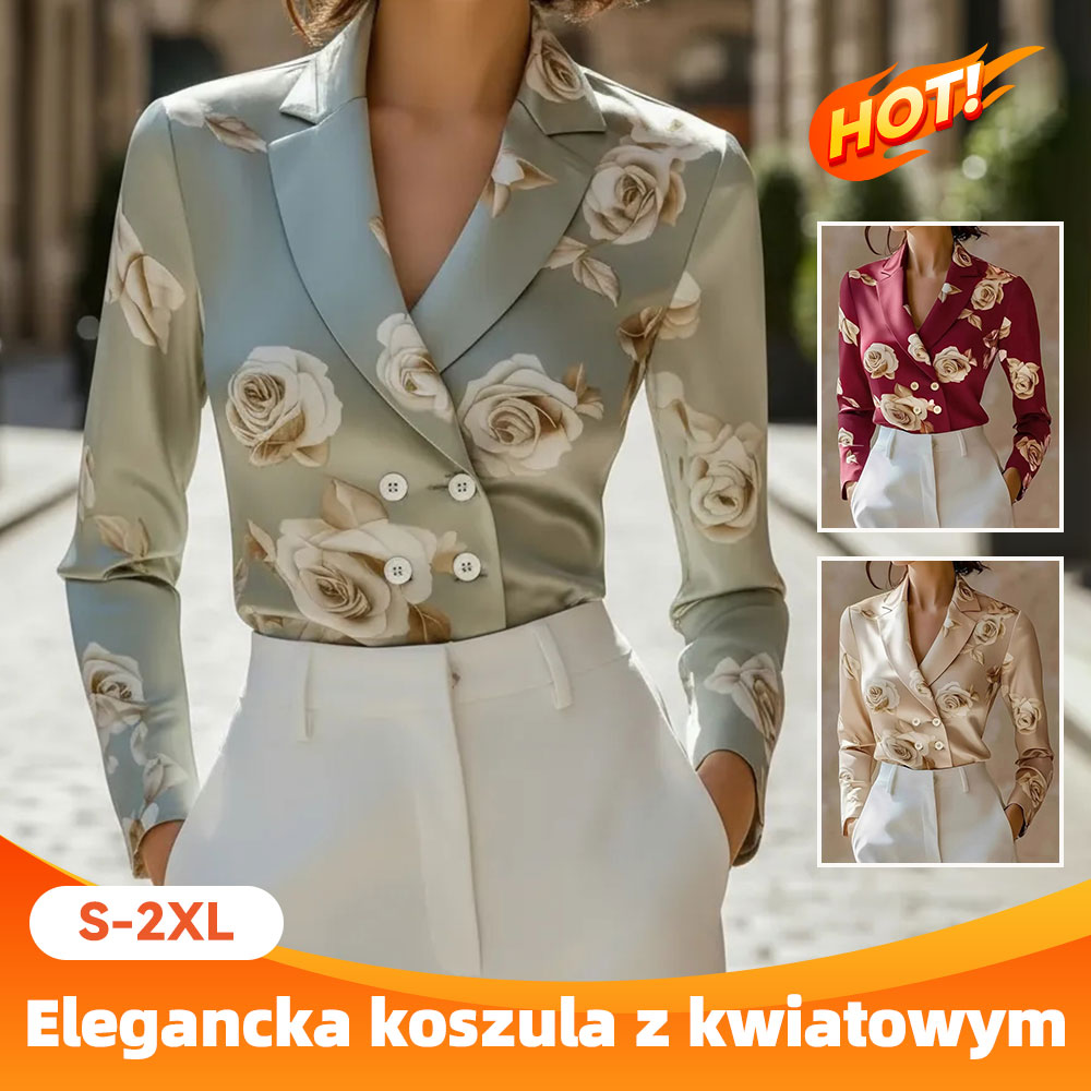 🔥🌷【Nowość na rok 2026✨】【S-2XL】Stylowa i elegancka koszula z długim rękawem i nadrukiem w kwiaty w stylu francuskim, dwurzędowa