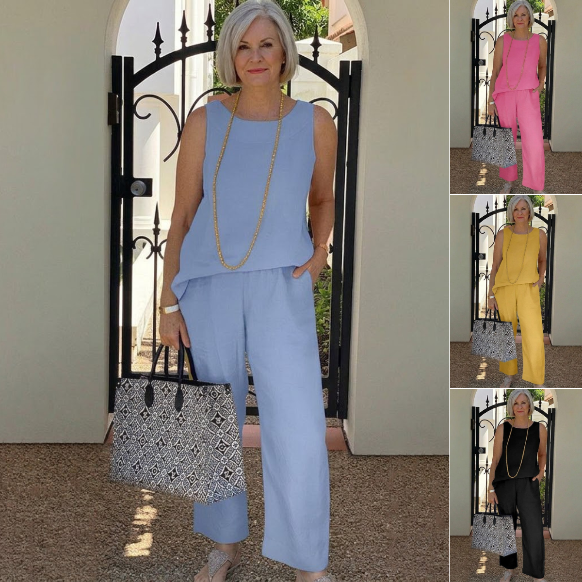 ✨😍【40-120kg】Conjunto de verano de algodón y lino, top sin mangas y pantalón de pierna ancha para mujer.✅️Pago contra entrega