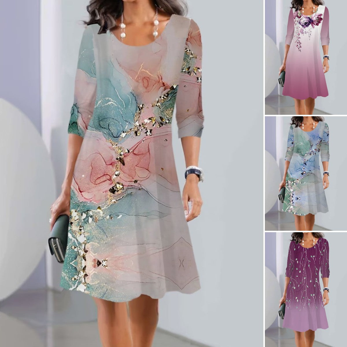 【S-3XL】🍂🍂 Nowa sukienka midi z nadrukiem i długim rękawem oraz okrągłym dekoltem