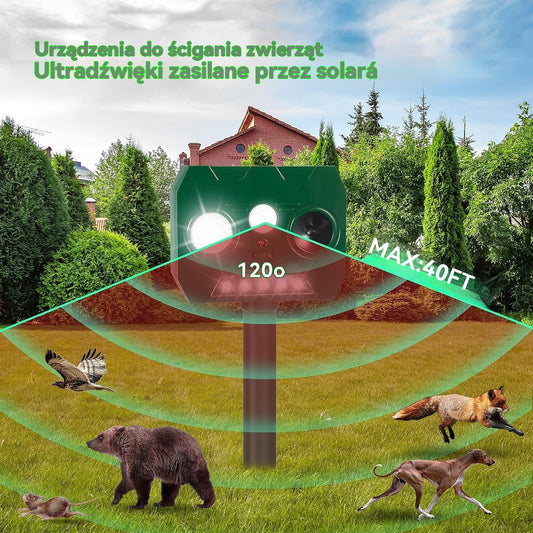 🔥Zasilany energią słoneczną zewnętrzny ultradźwiękowy odstraszacz ptaków z dwoma klaksonami i migającymi światłami