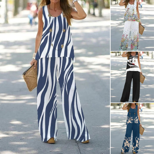 🔥✨【S-3XL】🌸【Topy + Spodnie】2025 Lato Nowy Moda Swobodny Bez Rękawów Drukowany Damski Garnitur