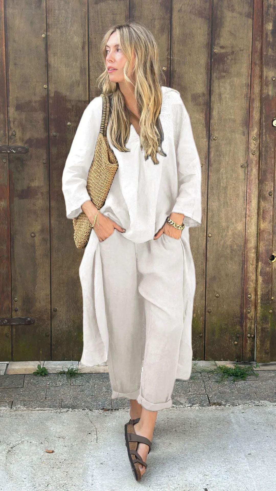 ✨✨【Top + Pantalones】Conjunto de camisa de algodón y lino de talla grande con pantalón holgado para mujer. ✅️Pago contra entrega