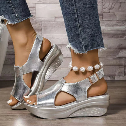 💣【Novedad 2026 + 50% off】Sandalias de mujer con cuña y tiras con hebilla, suela ortopédica suave para aliviar el dolor de pies y zapatos de cuero con soporte plantar.