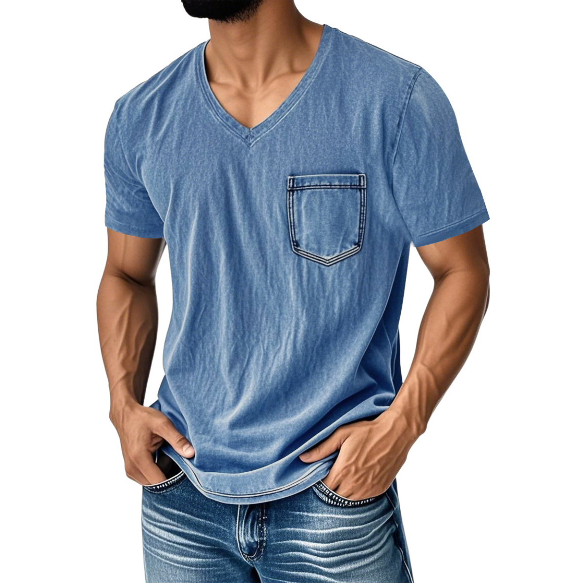 👔 50% de descuento🔥【40-120 kg】Camiseta vaquera informal y holgada con cuello en V y mangas cortas para hombre ✅️Pago contra entrega