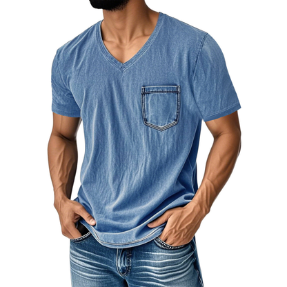 👔 50% de descuento🔥【40-120 kg】Camiseta vaquera informal y holgada con cuello en V y mangas cortas para hombre ✅️Pago contra entrega