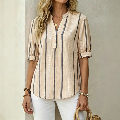🔥👚 【50% de descuento】✨🎉Camisa de verano de manga corta de algodón y lino a rayas, tejido transpirable.
